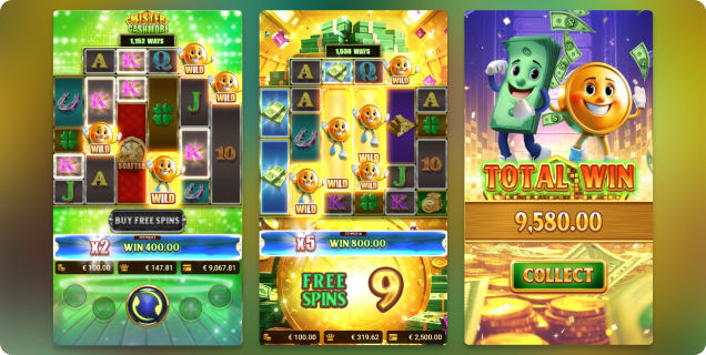 Illustrative display of slots from Spade Gaming featuring thematic elements such as dice, coins, and rewards, with a bright celebratory win display.